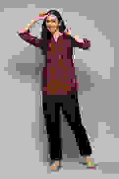 Burnt Orange Poly Viscose Straight Printed Top image number 0