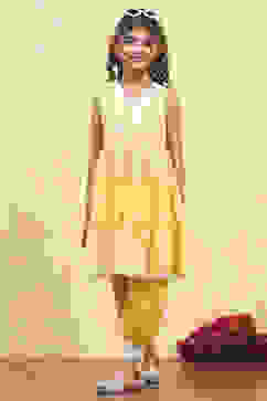 Yellow Cotton Tiered Printed Kurta Salwar Set image number 0