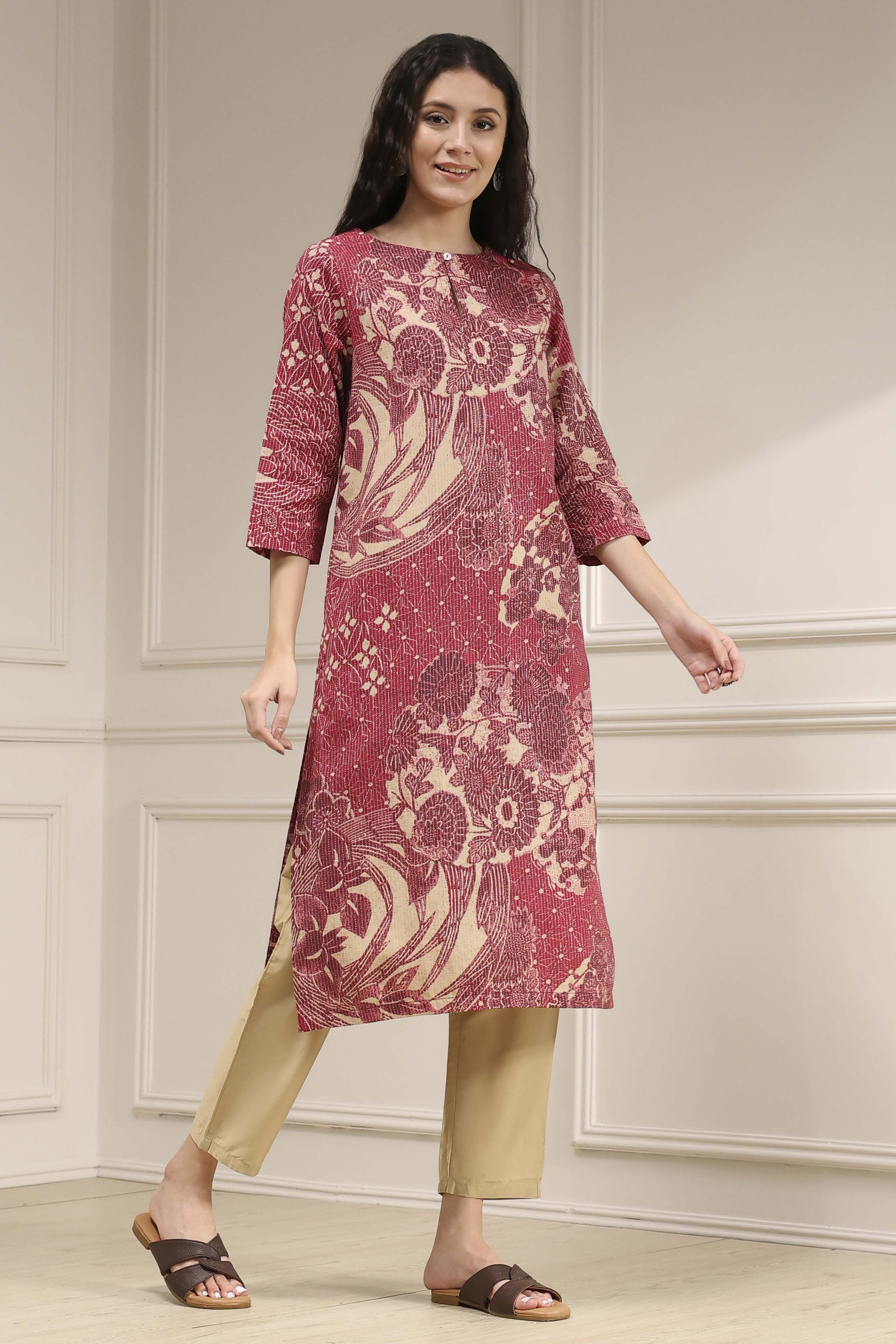 Onion Pink Cotton Printed Straight Kurta image number 4