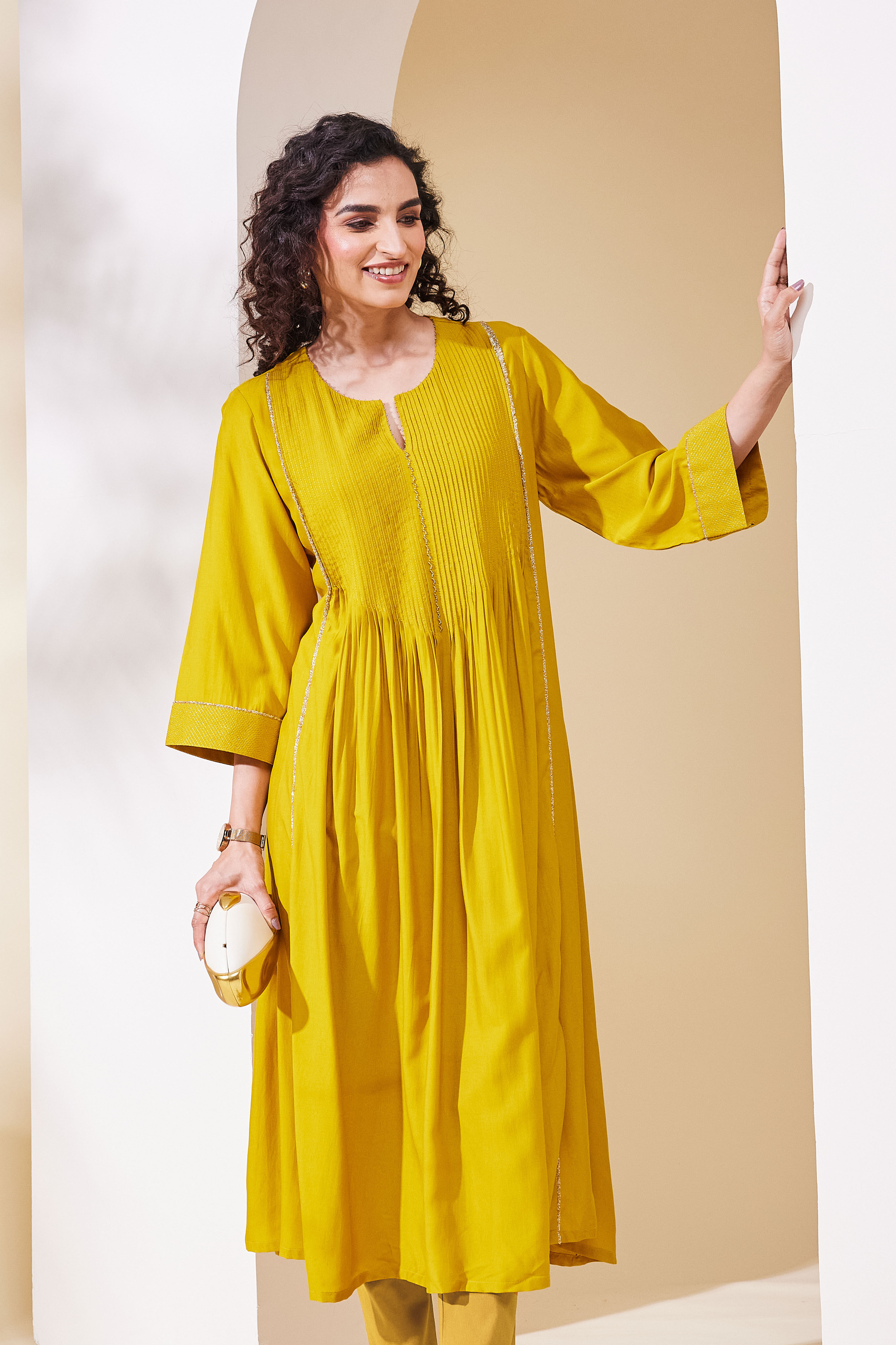 Mustard Yellow Viscose Blend Flared Kurta image number 6