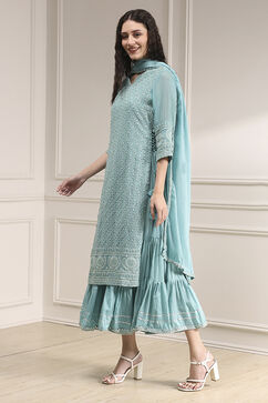 Powder Blue Cotton Blend Layered Embroidered Fusion Set image number 2