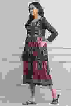 Rust Cotton Blend Flared Printed Dress image number 2