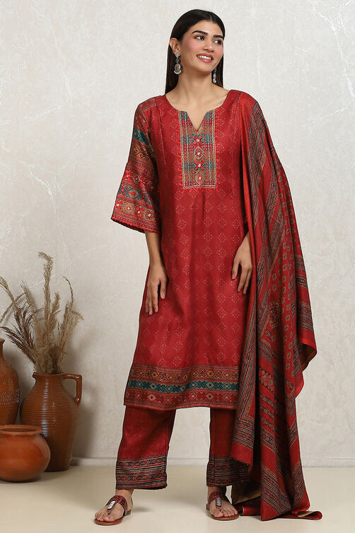 Orange Pashmina Machine Embroidery Unstitched Suit Set image number 1