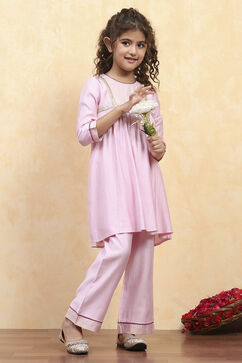 Pink Polyester Dyed Gathered Suit Set image number 0