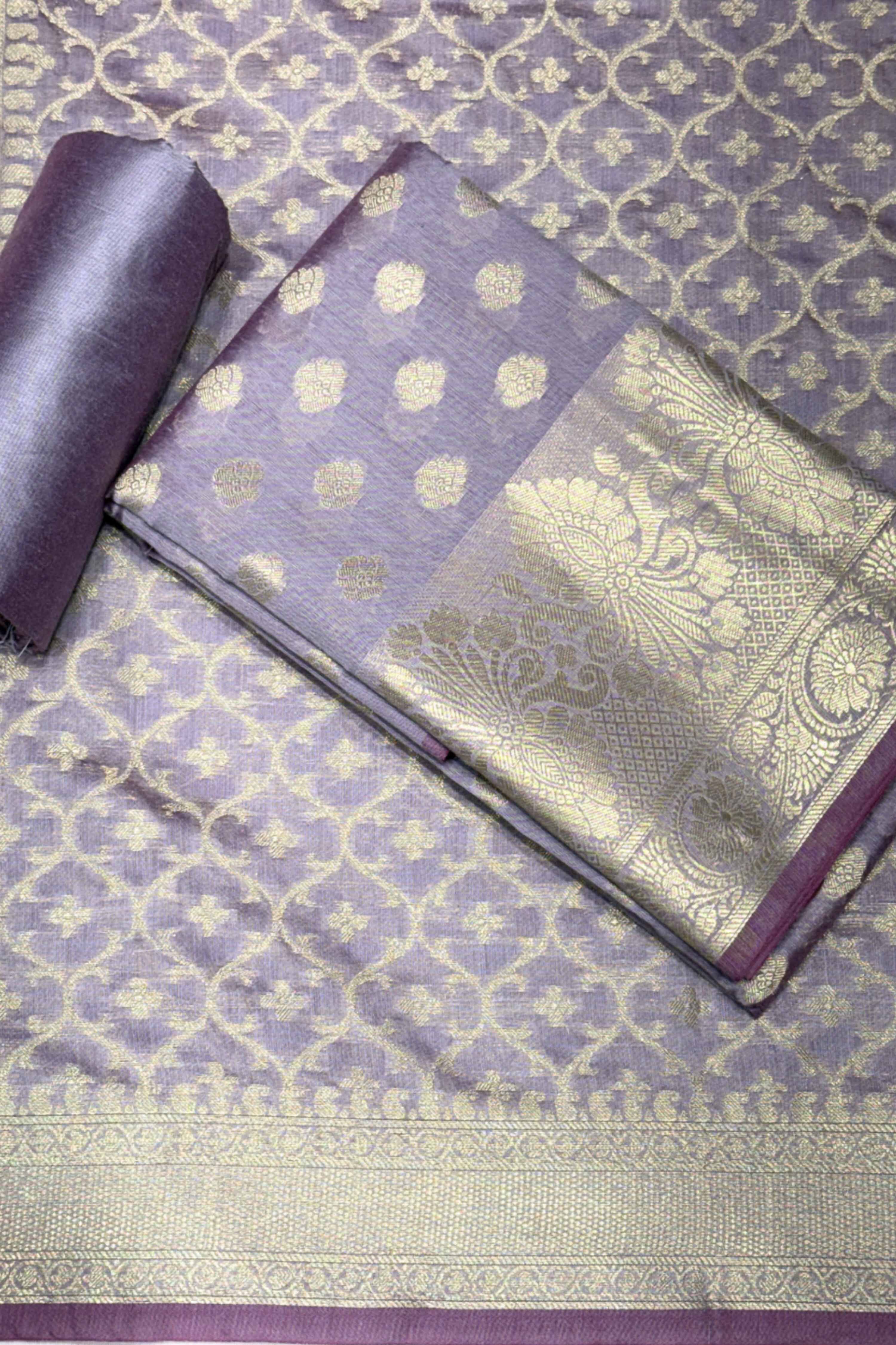 Lavender Chanderi Banarsi Weave Unstitched Suit Set image number 0