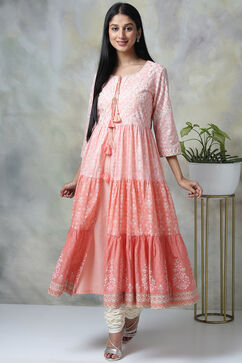 Peach Cotton Double Layered Printed Kurta image number 0