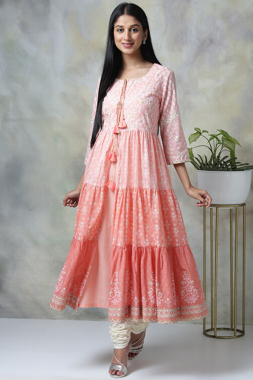 Peach Cotton Double Layered Printed Kurta image number 0