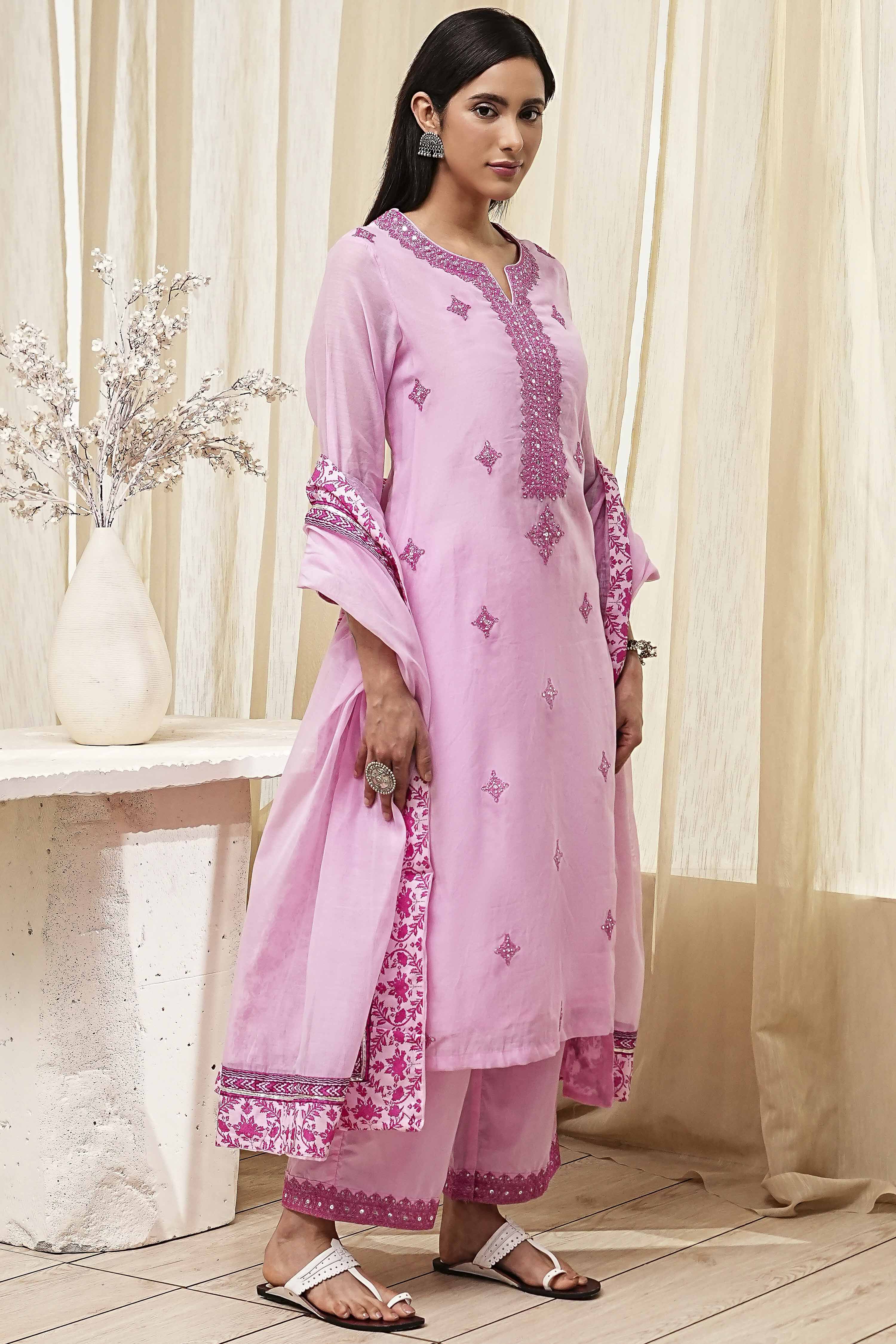 Pink Embroidered Straight Suit Set image number 5
