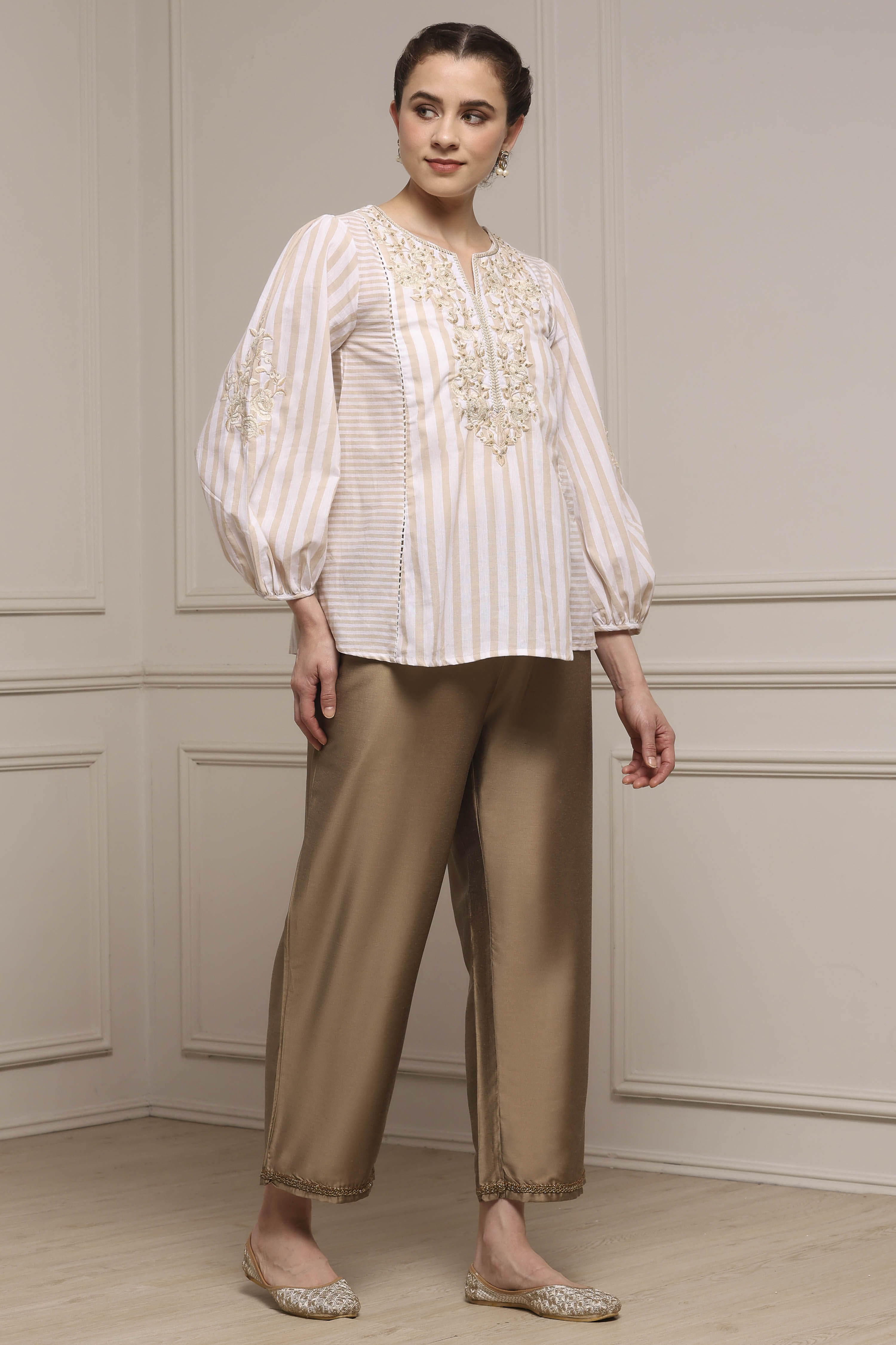 Antique Gold Polyester Straight Palazzos image number 0