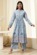 Dull Blue Cotton Flared Printed Kurta Set image number 6