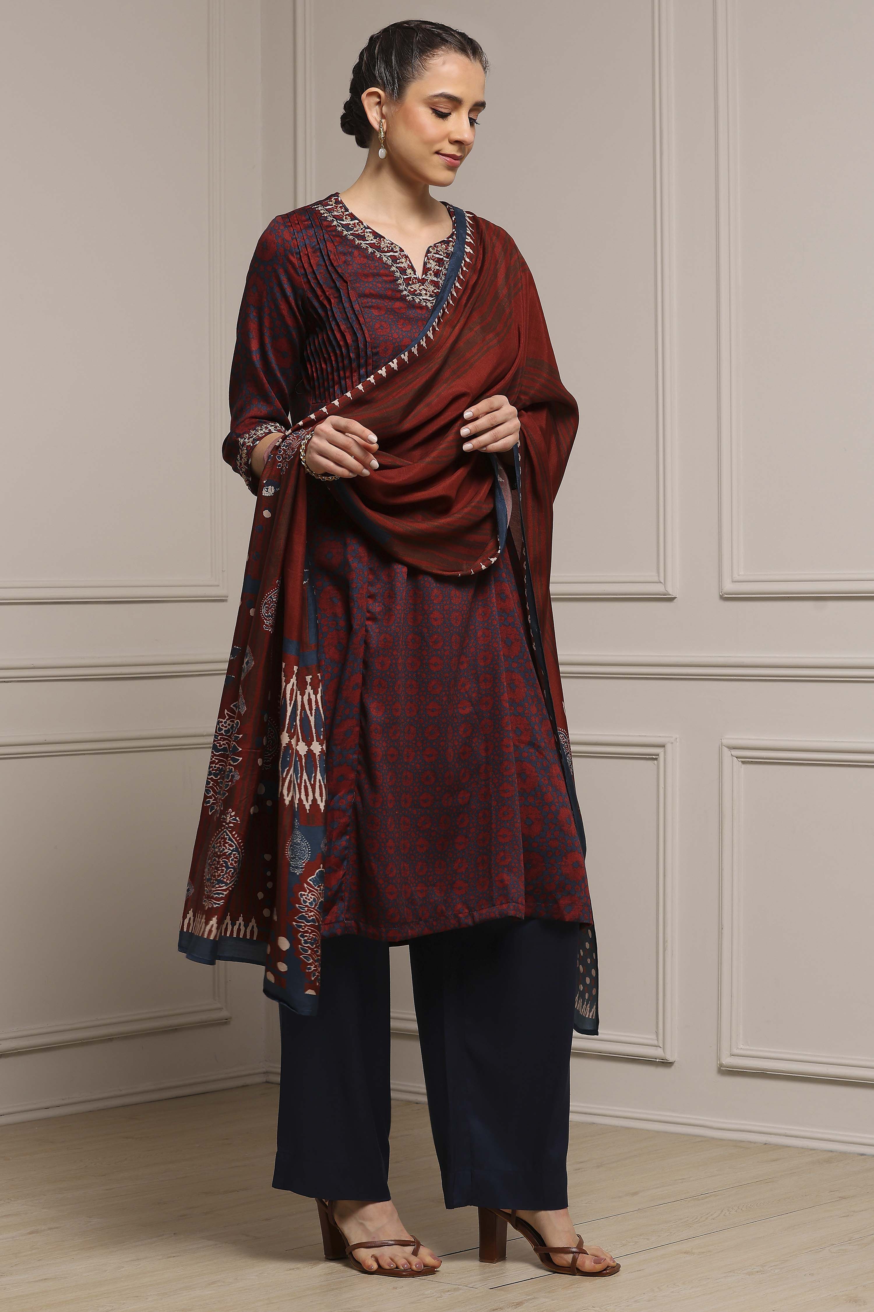 Blue-Brown Modal Straight Printed Suit Set image number 5