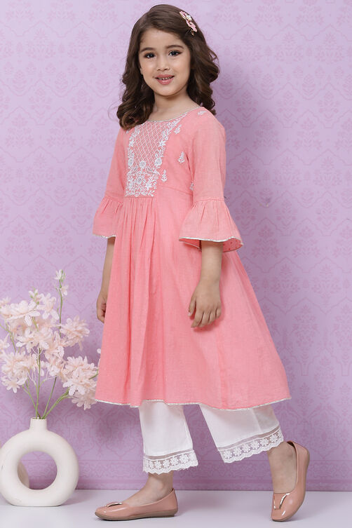 Pink Cotton Flared Embroidered Kurta Set image number 3