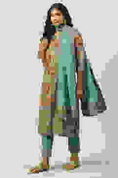 Sage Green Cotton Straight Kurta Slim Pant Suit Set image number 0