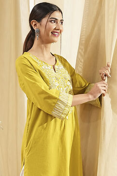 Green Pure Cotton Embroidered Straight Kurta image number 1