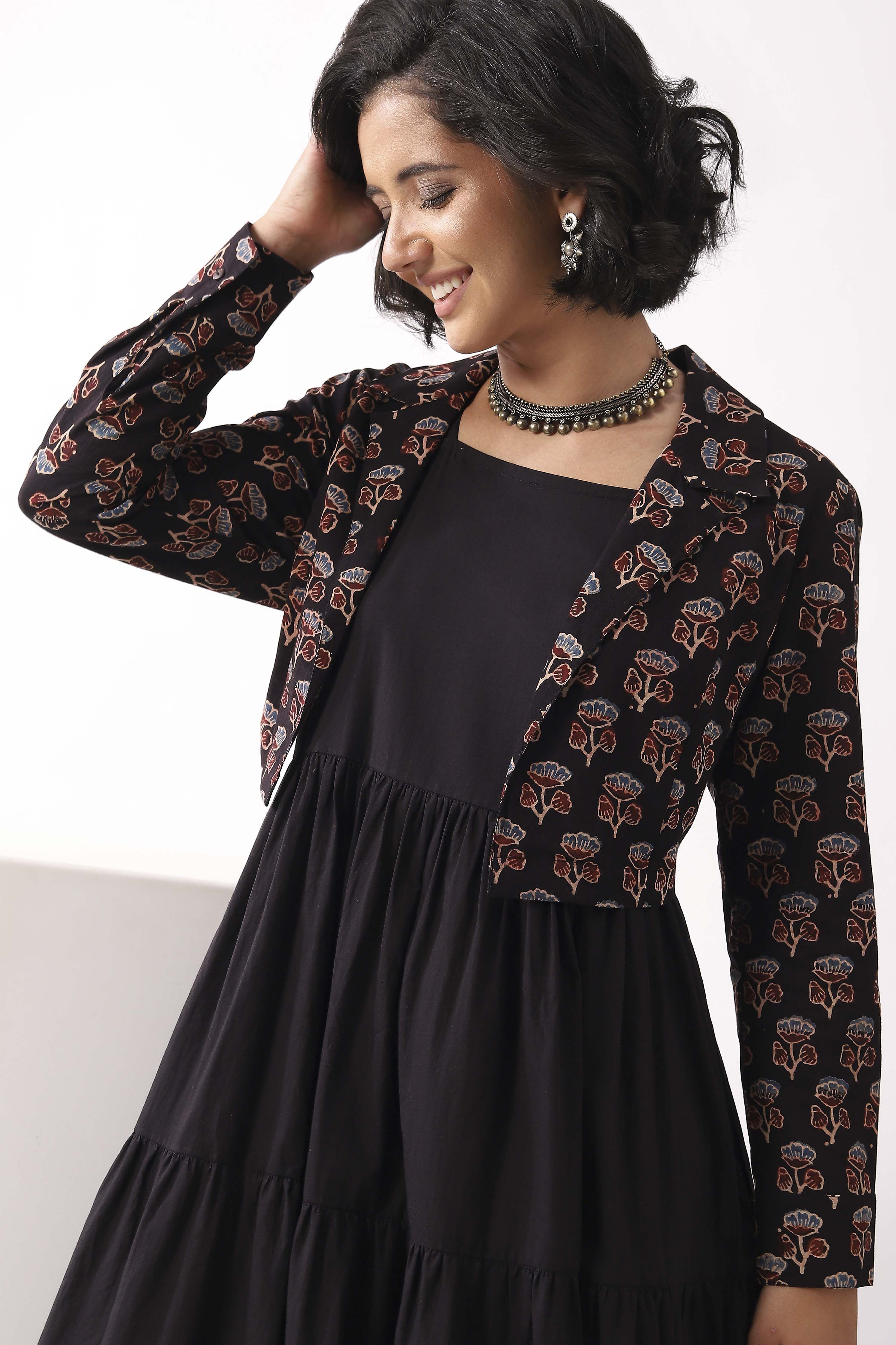 Black Cotton Midi Dress With Floral Crop Jacket image number 1