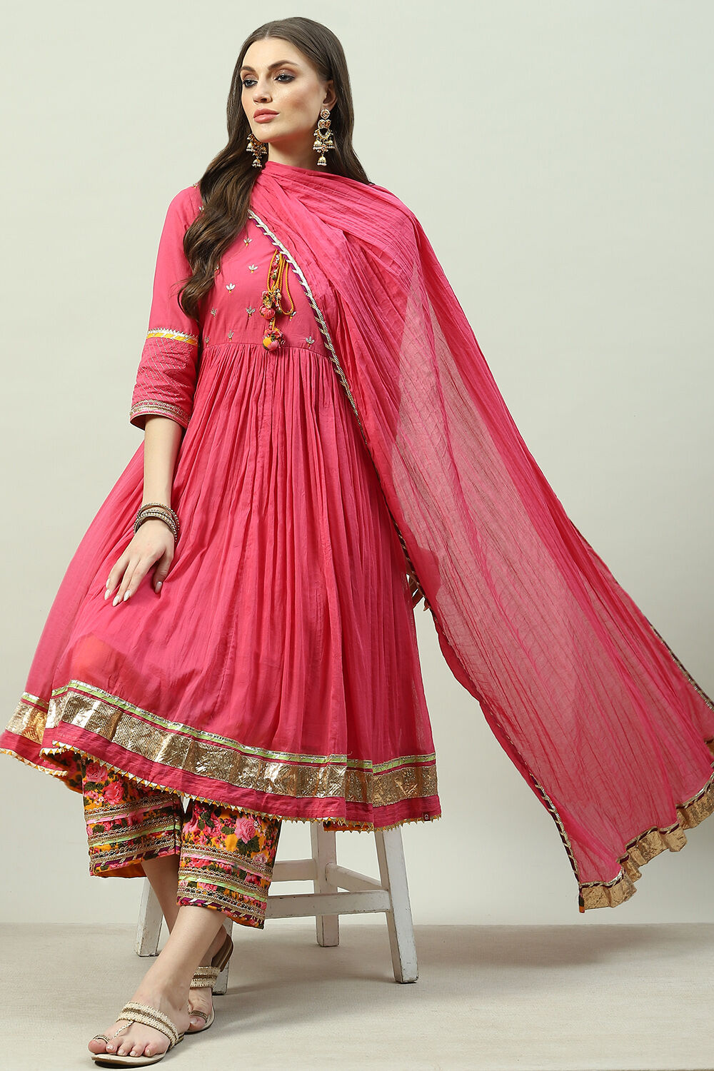 Pink Cotton Anarkali Kurta Palazzo Suit Set image number 0