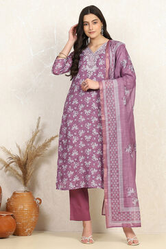 Mauve Linen Blend Digital Print Unstitched Suit Set image number 7