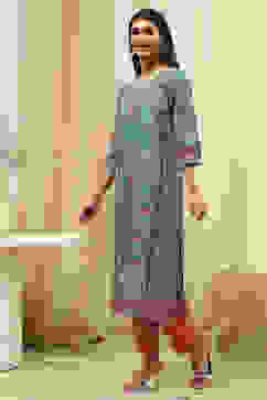 Teal Cotton Printed Straight Kurta image number 2