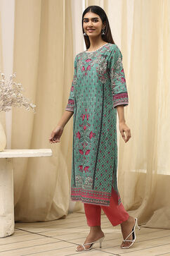 Teal Cotton Printed Straight Kurta image number 2