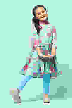 Turquoise Cotton Tiered Printed Suit Set image number 0