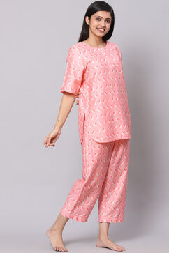 Blush Pink Straight Cotton Three Piece Printed Sleepwear Set image number 6
