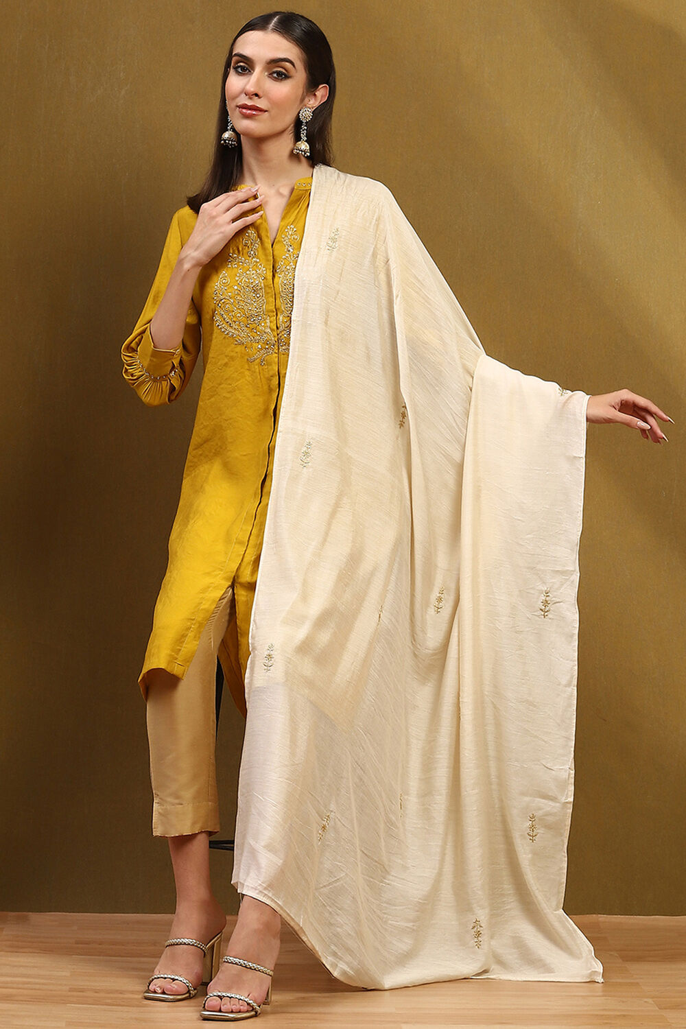 Off White Polyester Dupatta image number 0