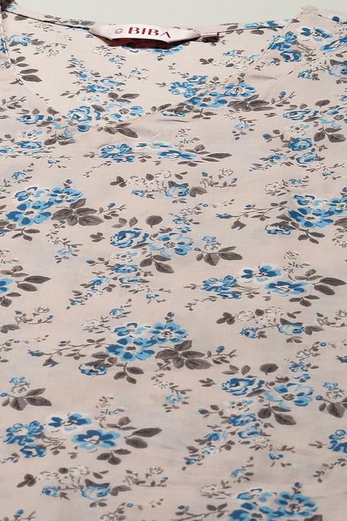 Cream Cotton Blend Floral Printed Straight Kurta image number 1