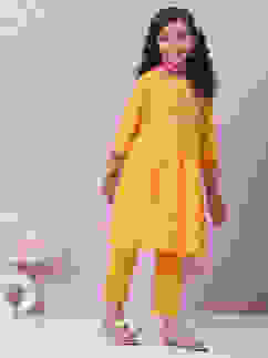 Yellow Cotton Anarkali Kurta Narrow Pants Suit Set image number 6