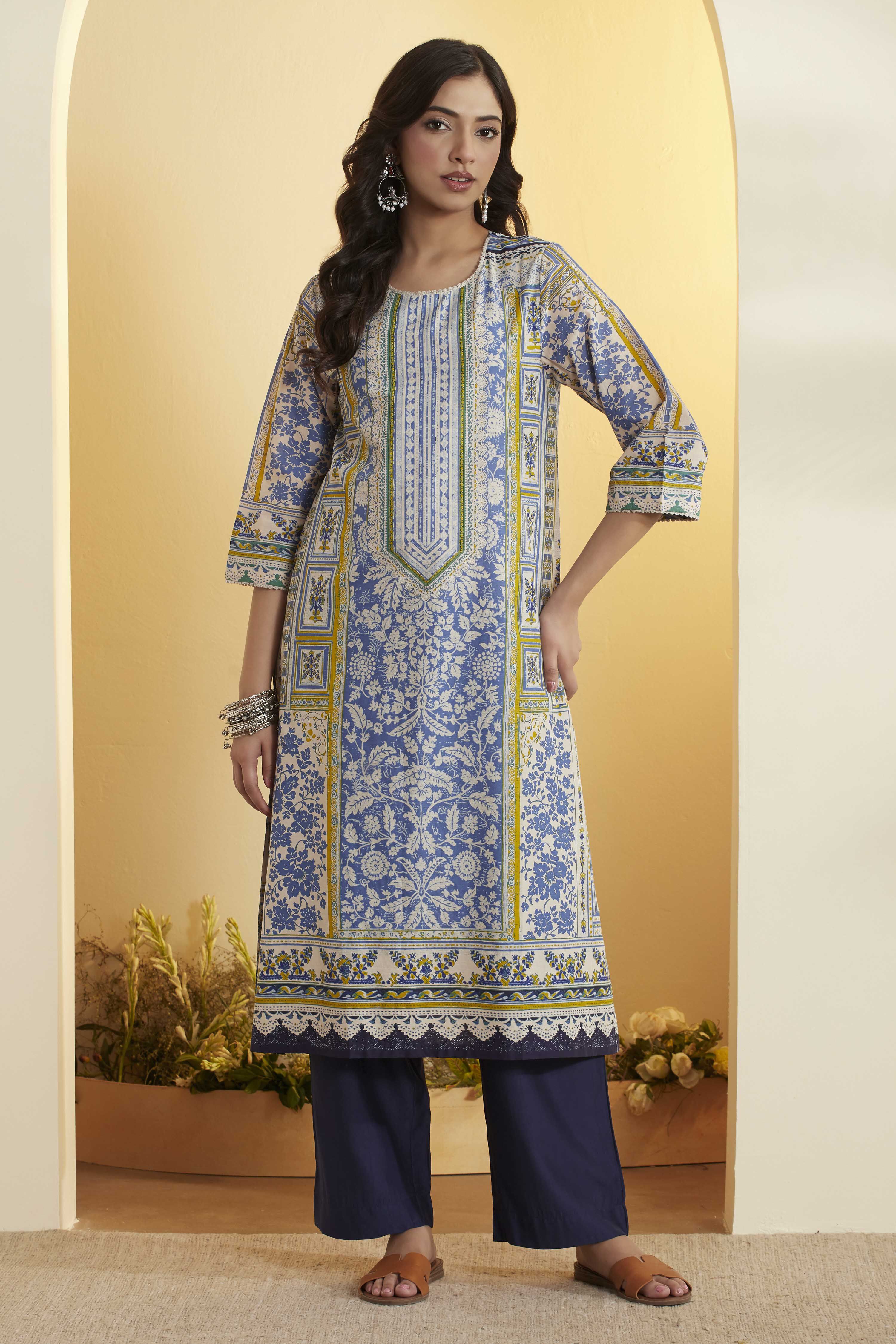 Blue Cotton Straight Kurta image number 5