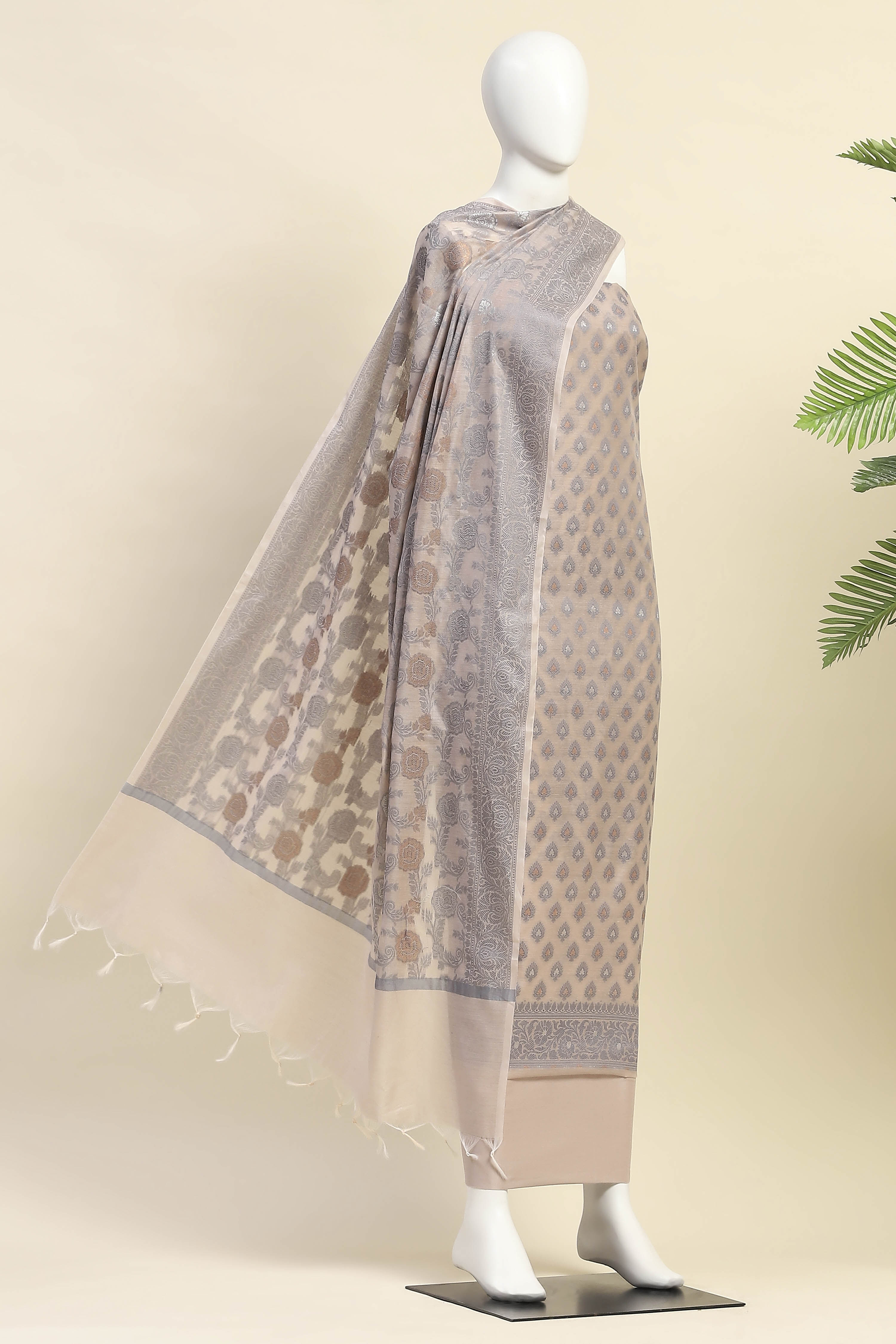 Beige Cotton Printed Embroidered Unstitched Suit Set image number 4