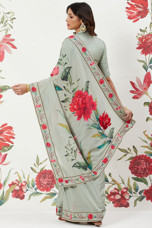 Rohit Bal Off White Chanderi Silk Printed Saree With Blouse image number 5