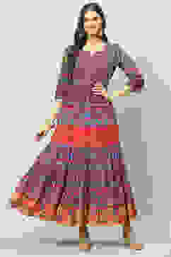 Marine Blue Cotton Tiered Printed Dress image number 0