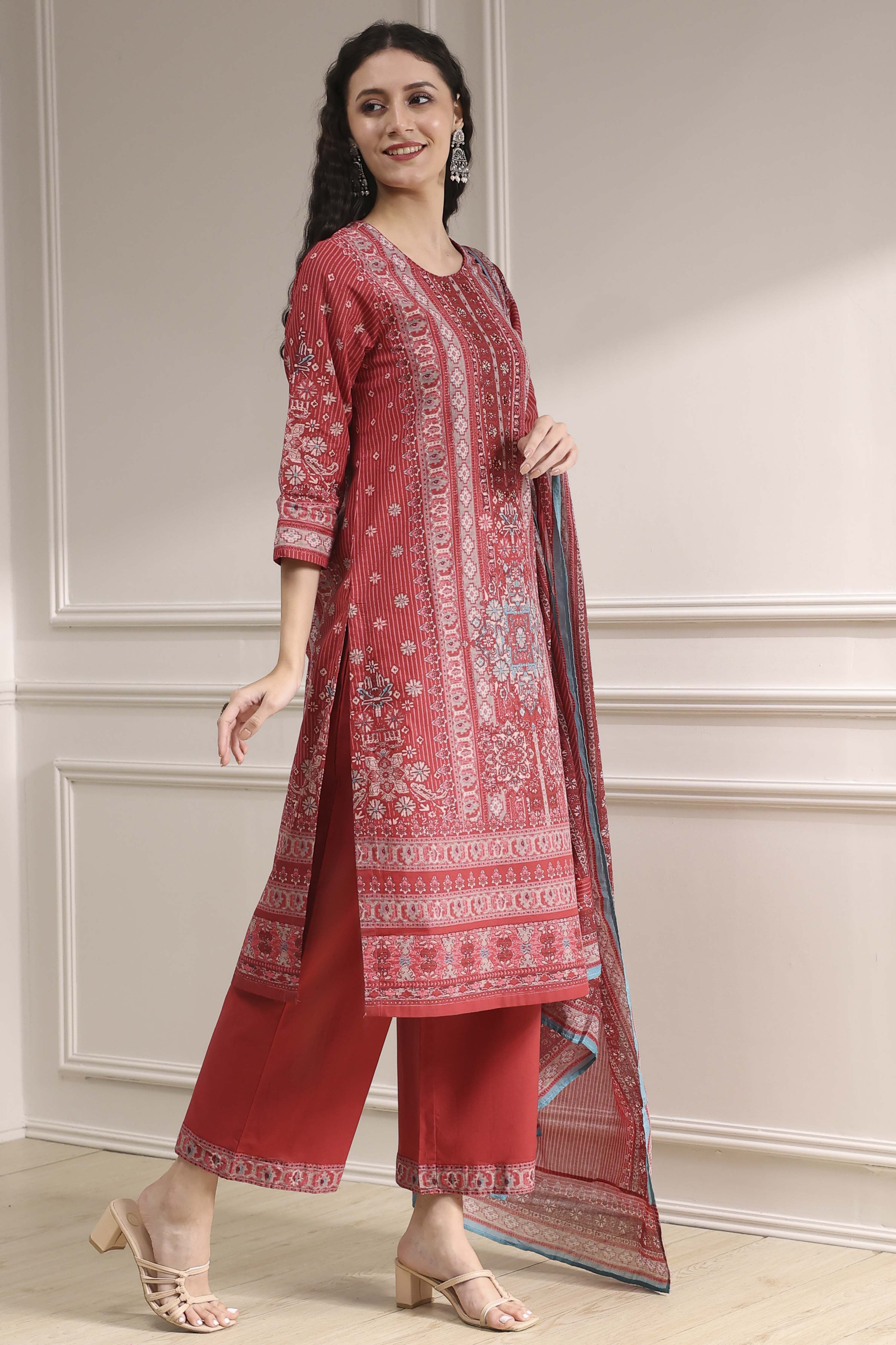 Grey Cotton Printed Straight Suit Set image number 5