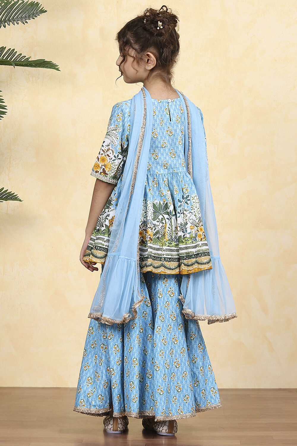 Blue Cotton Printed Straight Sharara Suit Set image number 4