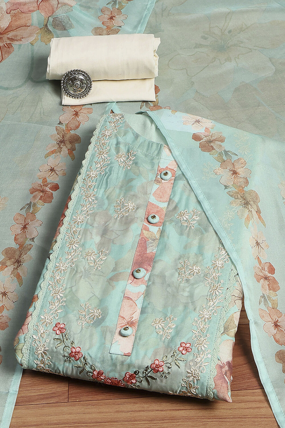 Teal Muslin Digital Print Unstitched Suit Set image number 0