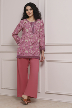 Pink Art Silk Printed Straight Short Kurta