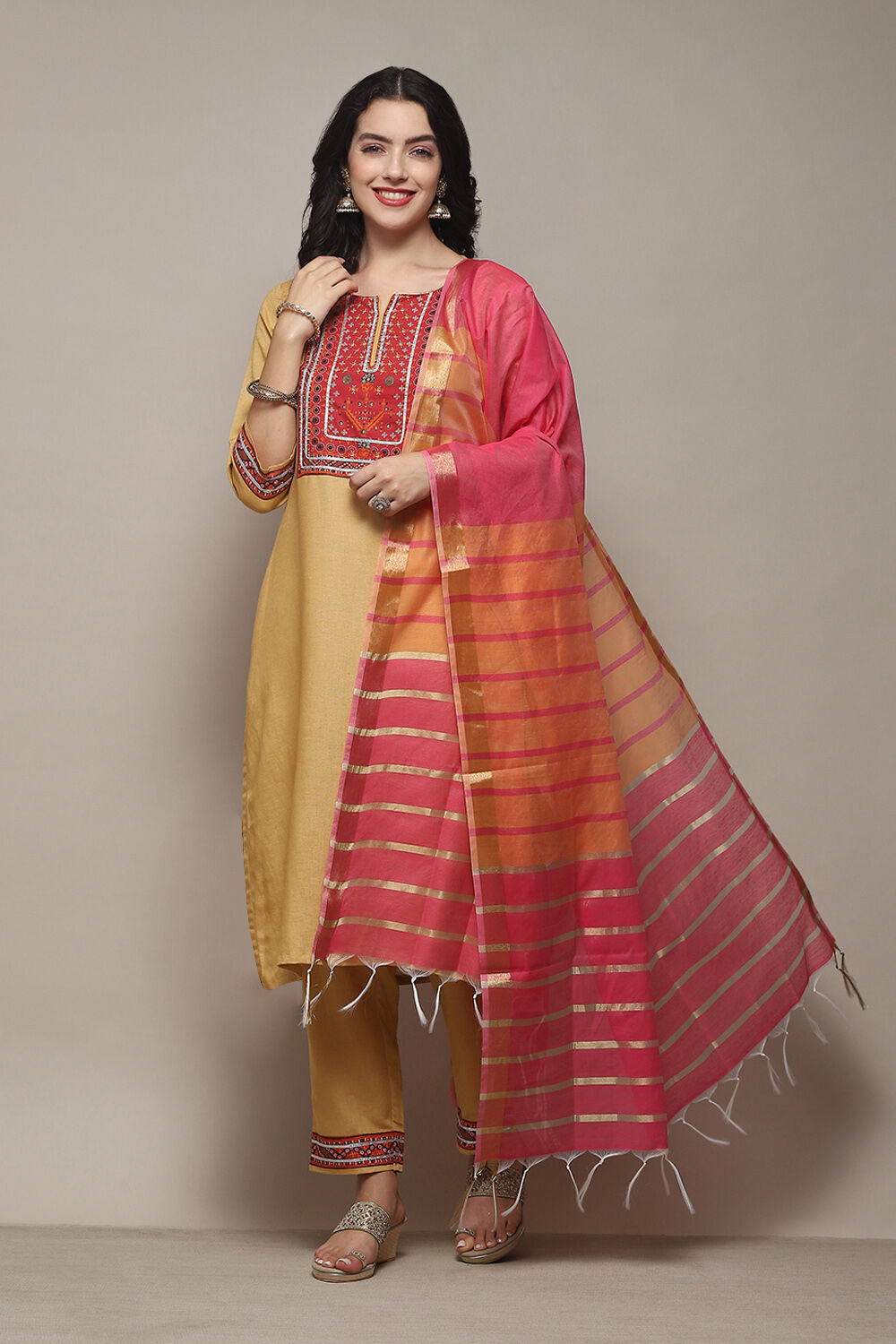 Beige Rayon flax Narrow Kurta Pant Suit Set image number 0