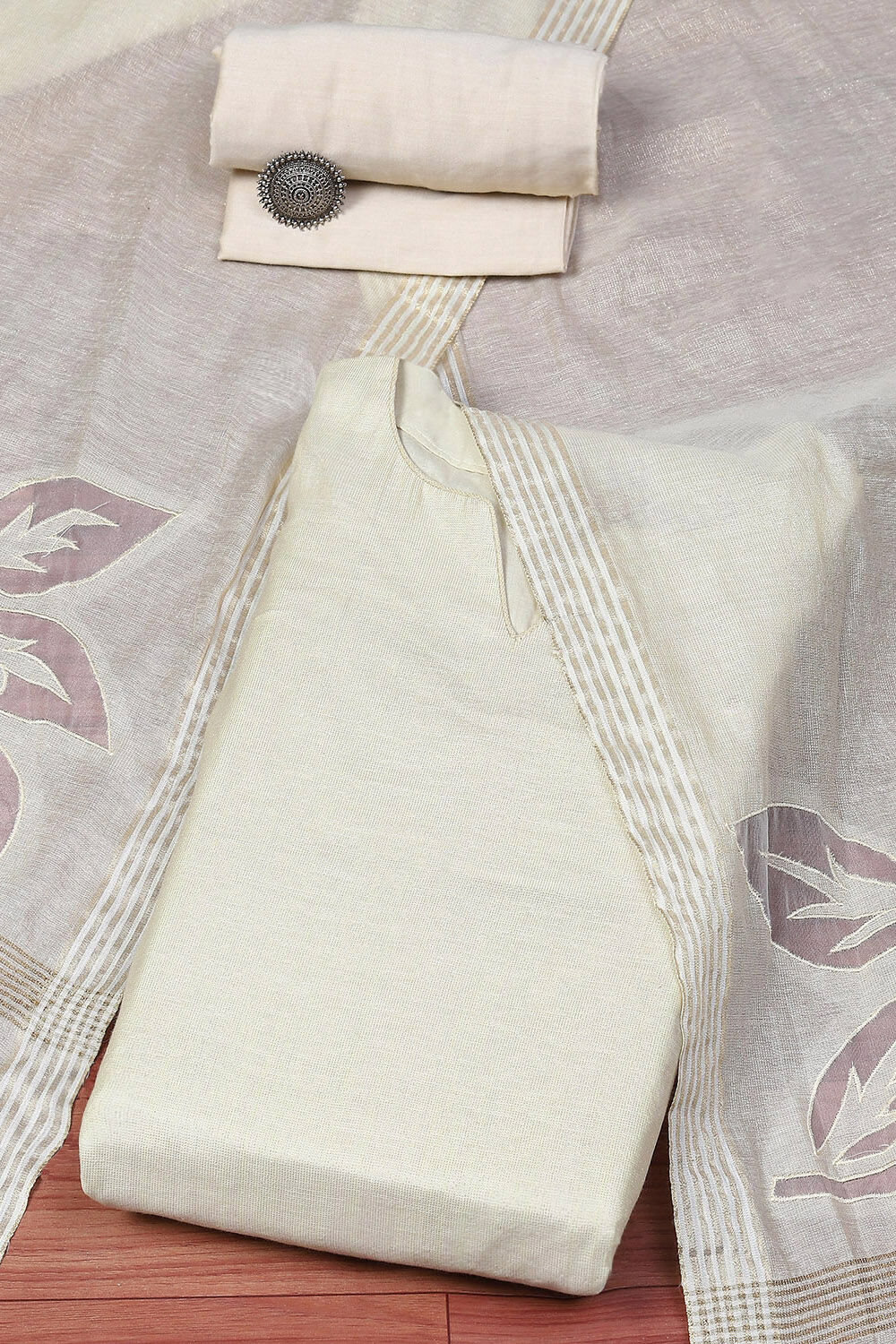 Off White Tissue Unstitched Suit set image number 0