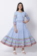Cyan Blue Cotton Tiered Printed Dress image number 0