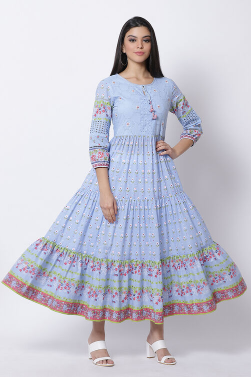 Cyan Blue Cotton Tiered Printed Dress image number 0
