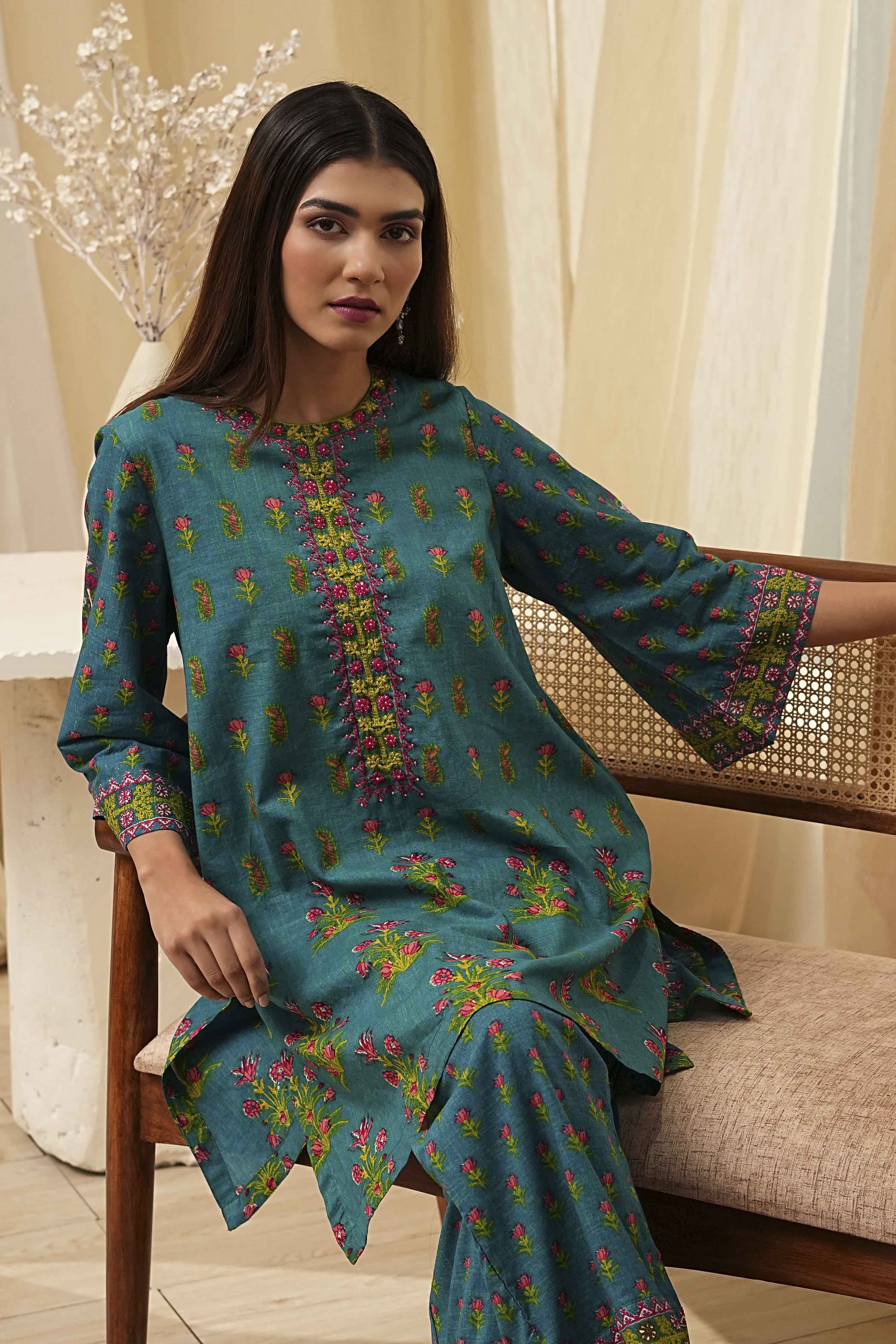 Teal Cotton Printed Straight Kurta Set image number 7