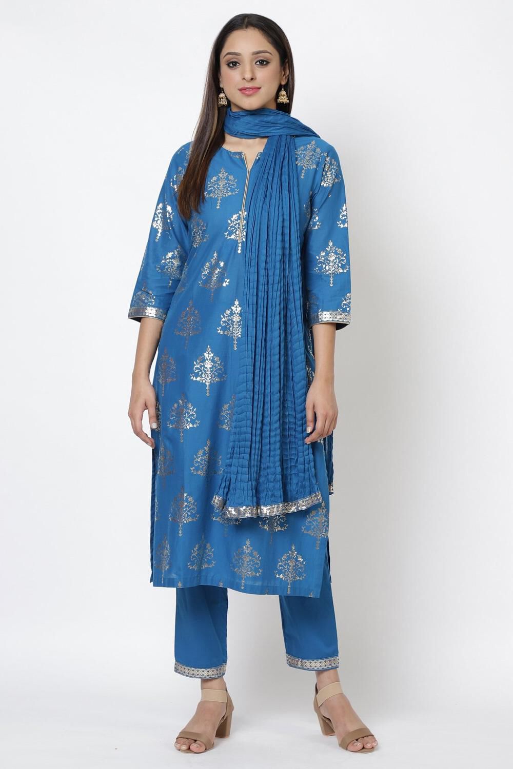 Royal Blue Straight Kurta Regular Pants Suit Set image number 0