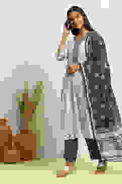 White and Grey Cotton Festive Kalidar Suit Set image number 3