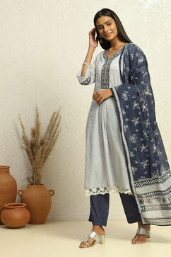 White and Grey Cotton Festive Kalidar Suit Set image number 3