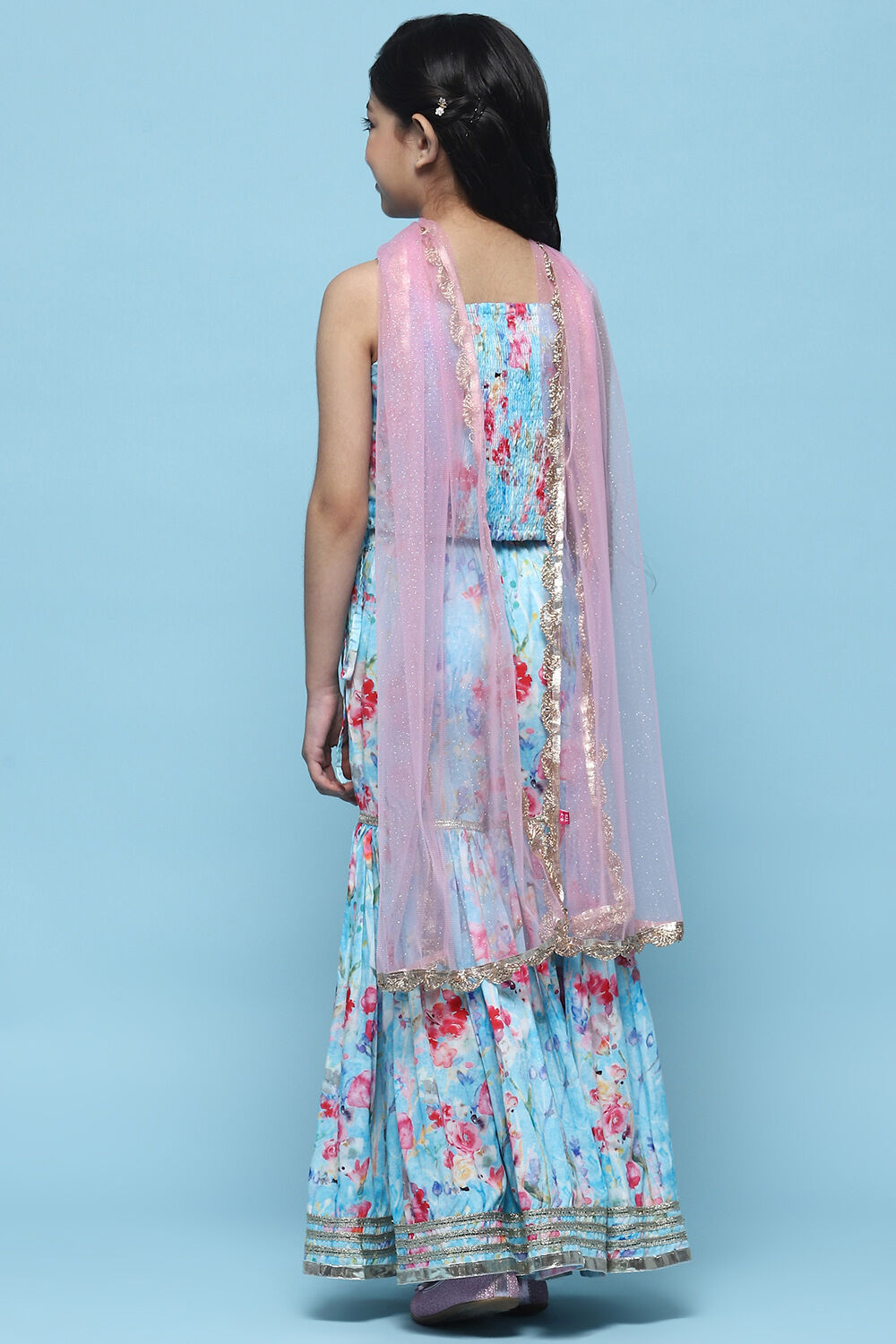 Blue Cotton Printed Blouse And Sharara t With Net Dupatta image number 5