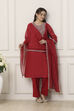Red Poly Chanderi Yoke Embroidered Straight Suit Set