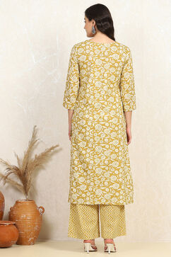 Mustard Yellow Cotton Screen Printed Unstitched Suit Set image number 5