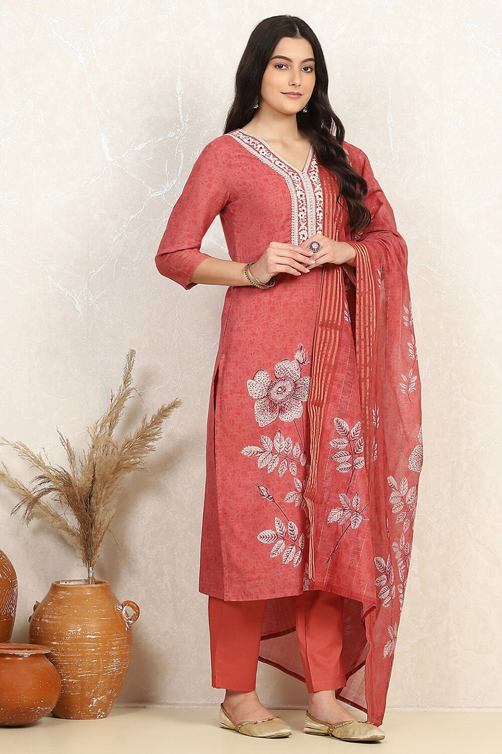 Rust Linen Digital Print Unstitched Suit Set image number 6