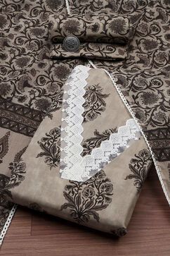 Brown Cotton Screen Print Unstitched Suit Set image number 0
