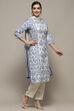 Off-White and Blue Cotton Floral Straight Suit Set image number 6